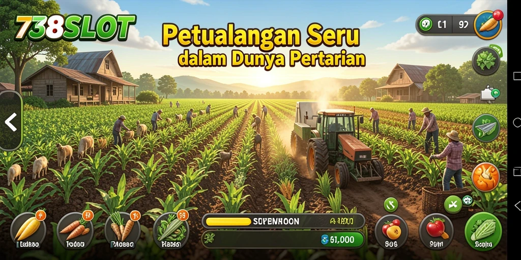 Tampilan gameplay seru 738SLOT saat bercocok tanam.