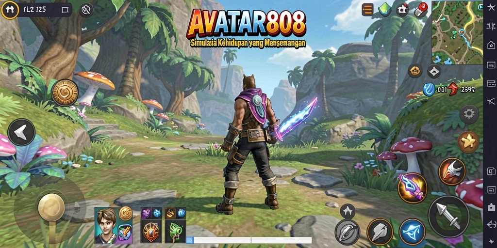 Tangkapan layar gameplay AVATAR808 yang menunjukkan interaksi karakter dan dunia yang kaya.