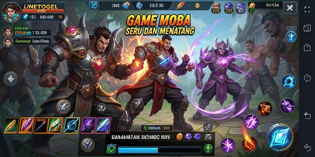 Tampilan gameplay seru dalam LINETOGEL dengan aksi MOBA yang intens.