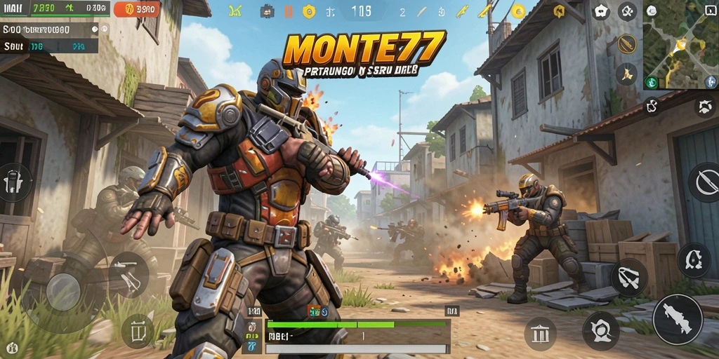 Screenshot gameplay MONTE77 menunjukkan aksi pertempuran intens di Battle Royale.