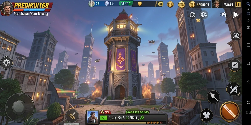 Screenshot utama PREDIKSI168 menampilkan pertempuran menara yang seru.