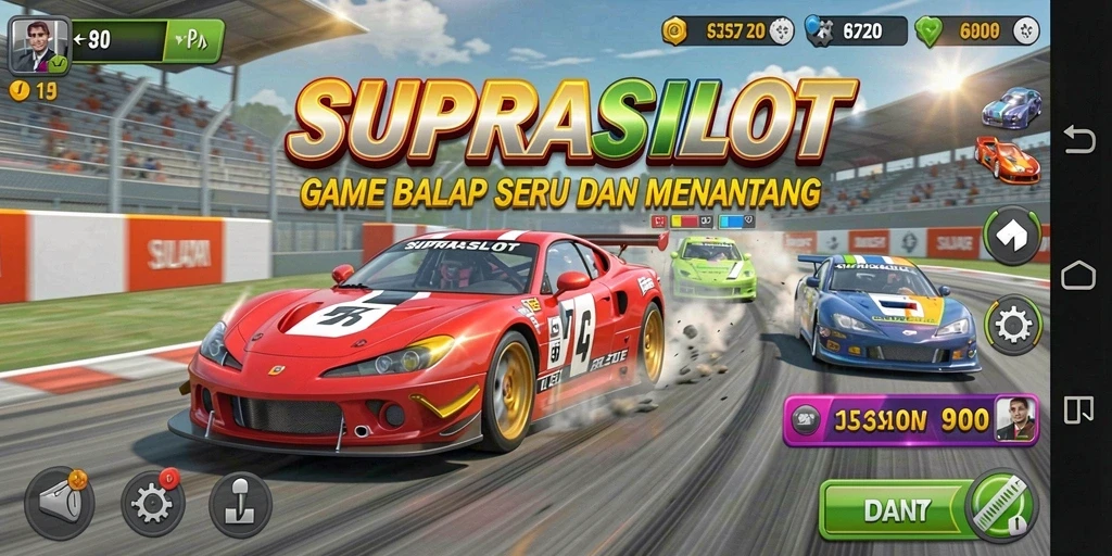 Screenshot gameplay SUPRASLOT menampilkan balapan seru di lintasan menantang.